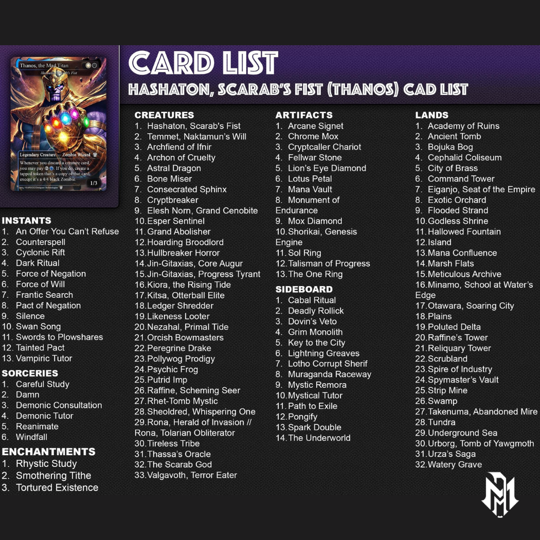 Hashaton the Scarab's Fist EDH Deck, 115 Cards, 15 Sideboard, Includes all major characters, Thanos and High Evolutionary Themed