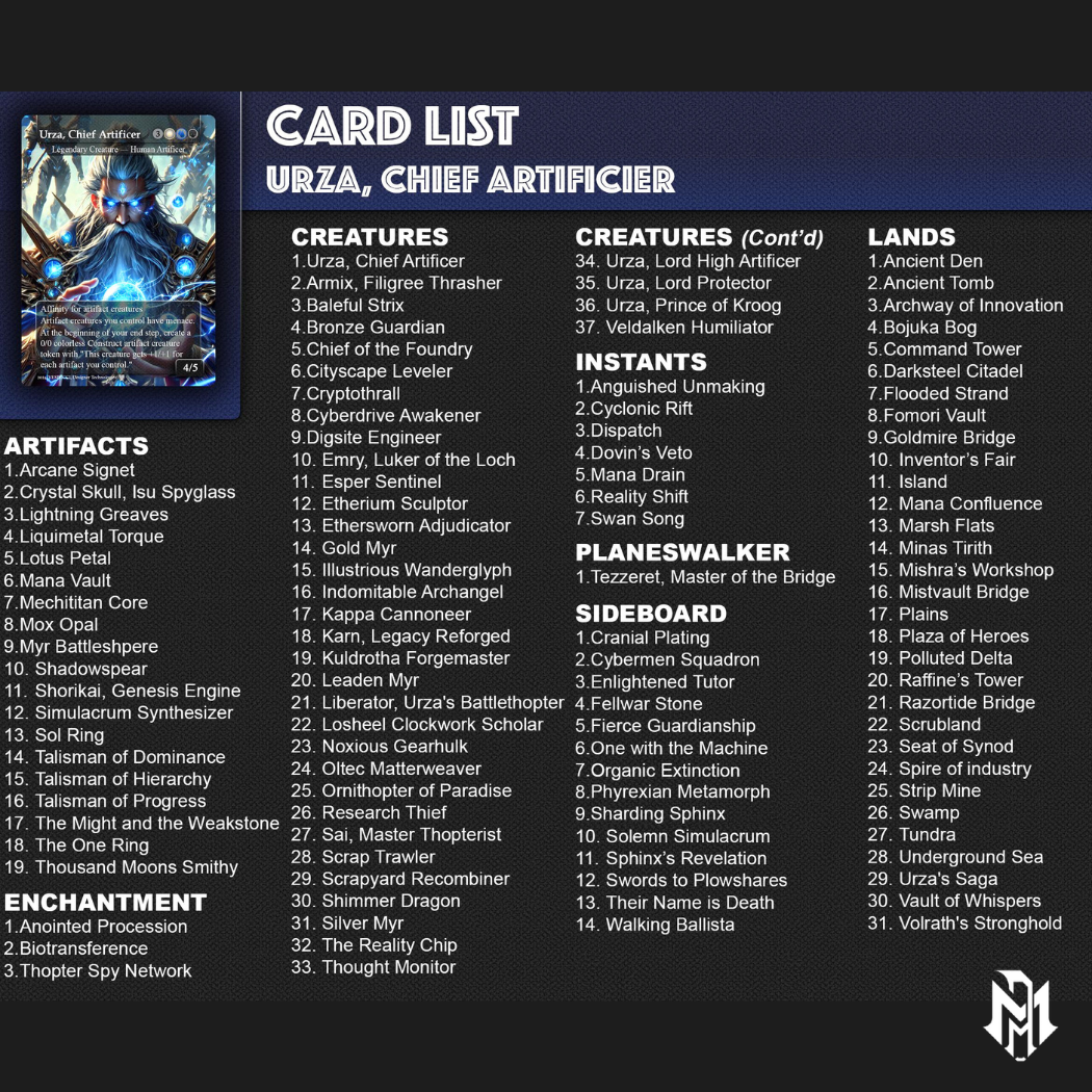 FLASH SALE** Urza, Chief Artificer Affinity Deck, 120 Cards, 14 Sideboard, 6 Tokens Includes All Main Urza's, Shorikai, Artifacts, Custom