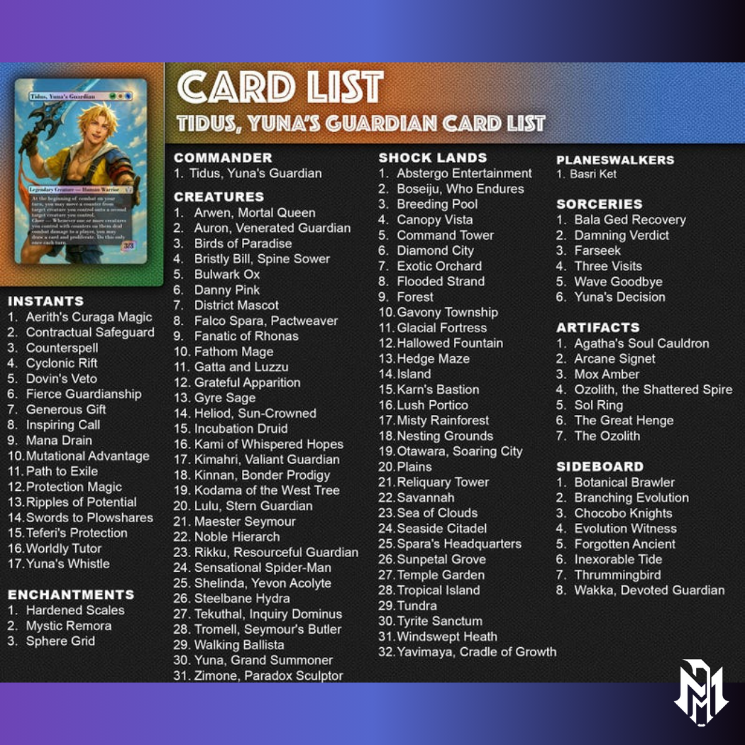 Tidus, Yuna's Guardian, Combo Blitz Counters Deck, Custom EDH Deck, Custom FF Deck, Counters Combo Deck, 108 Proxy cards