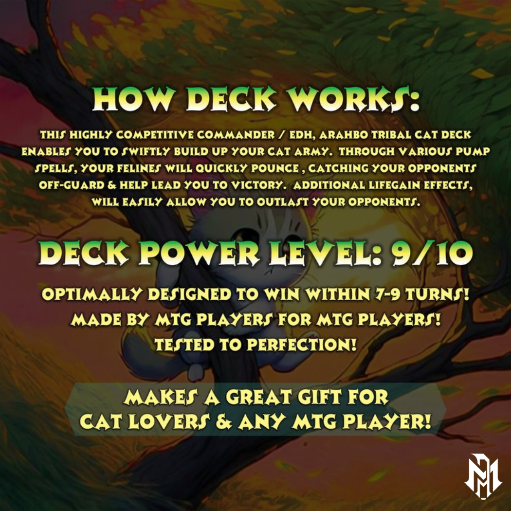 Cat Commander Tribal Deck, High Quality MTG Proxies for Commander EDH, Arahbo, Roar or the World Full 100 Card Deck with Custom Art + Bonus