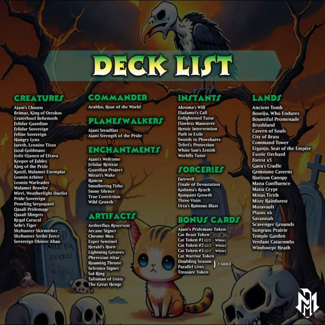Cat Commander Tribal Deck, High Quality MTG Proxies for Commander EDH, Arahbo, Roar or the World Full 100 Card Deck with Custom Art + Bonus
